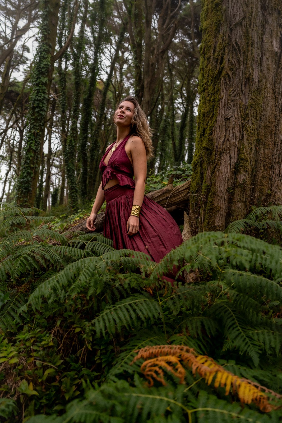 Woman in a burgundy dress among ferns and mossy trees in the Sintra forest